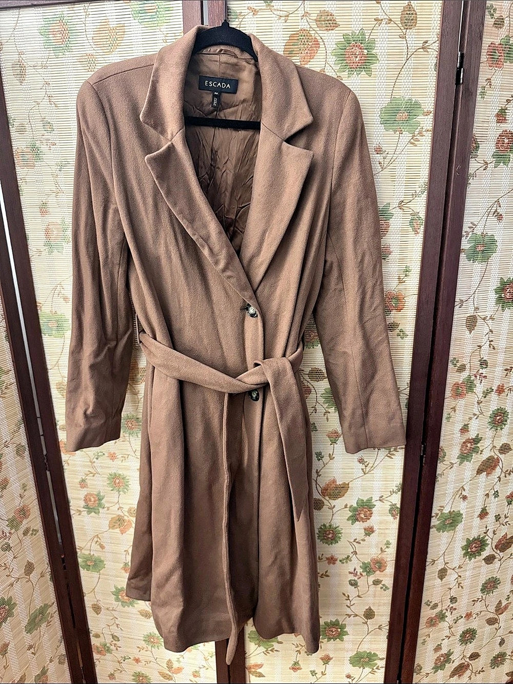 Escada Virgin Wool Belted Trench Coat in Brown Size 38